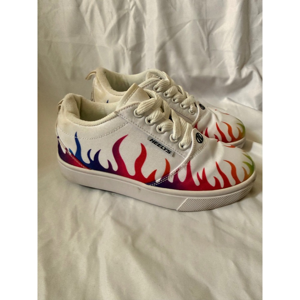 Heelys Pro 20 White Rainbow Flame Skate Shoes Youth Size 1 Wheeled Sneakers